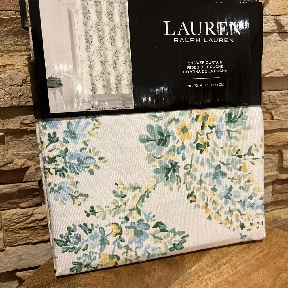 RALPH LAUREN Green Yellow Blue SHOWER CURTAIN Seamless Flower Medallion New